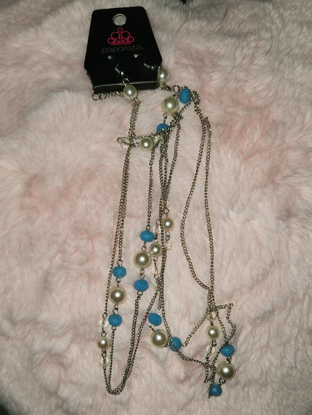 paparazzi Silver Multi-Strand Necklace with Blue Beads and Pearls